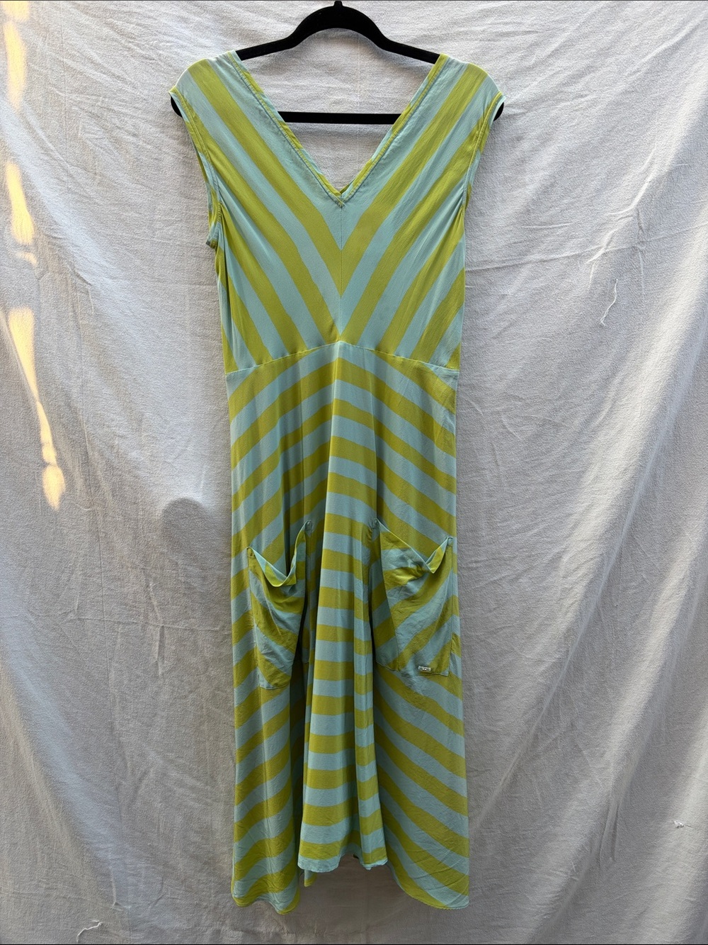 Escada Blue and Green Striped V‑Neck Midi Dress
